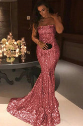 Cheap Mermaid Strapless Coral Sequins Long Prom Dresses, Evening Party Dresses